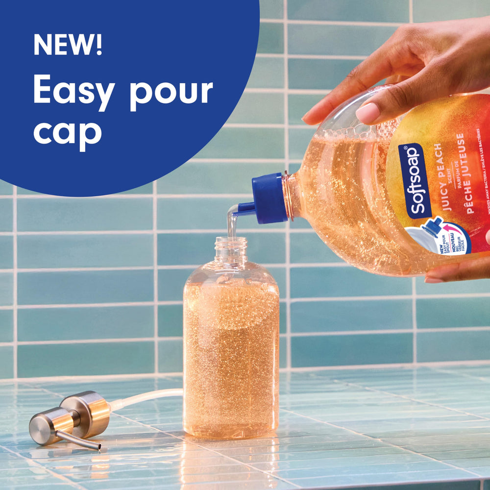 Softsoap Juicy Peach fragrance swirl evokes fruity scent during daily handwashing.