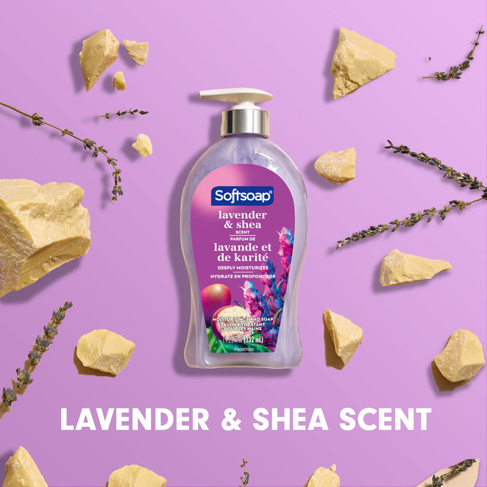 Paquete de 6 botellas Softsoap Lavanda y Karité para hogar.