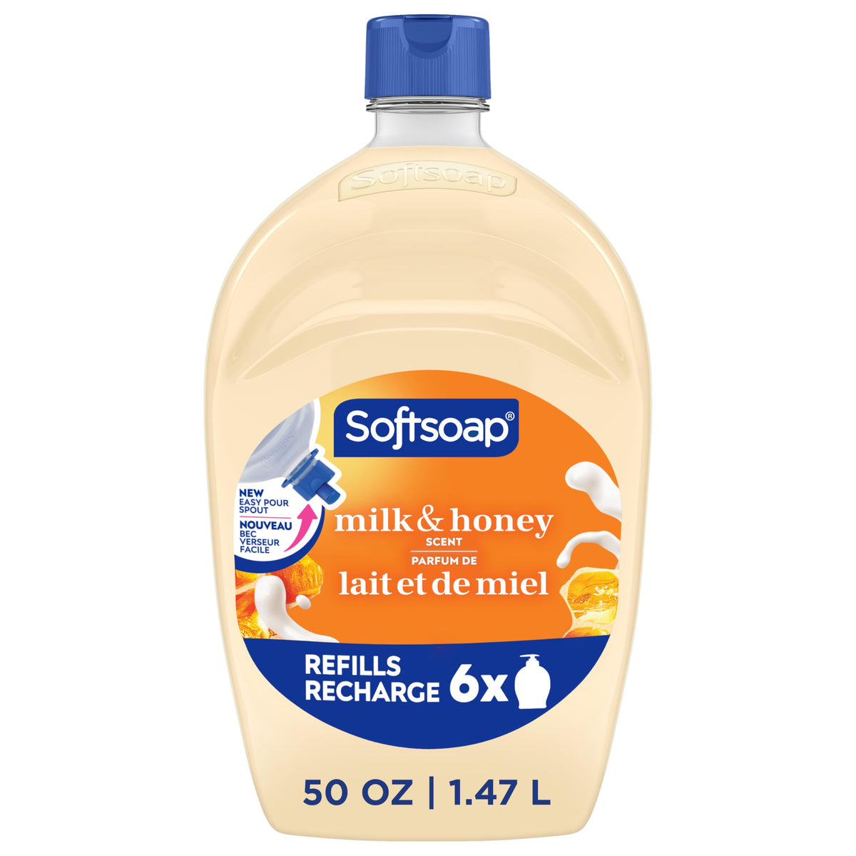Softsoap Milk & Honey refill bottle, 50oz, ready for easy ongoing hand cleansing.