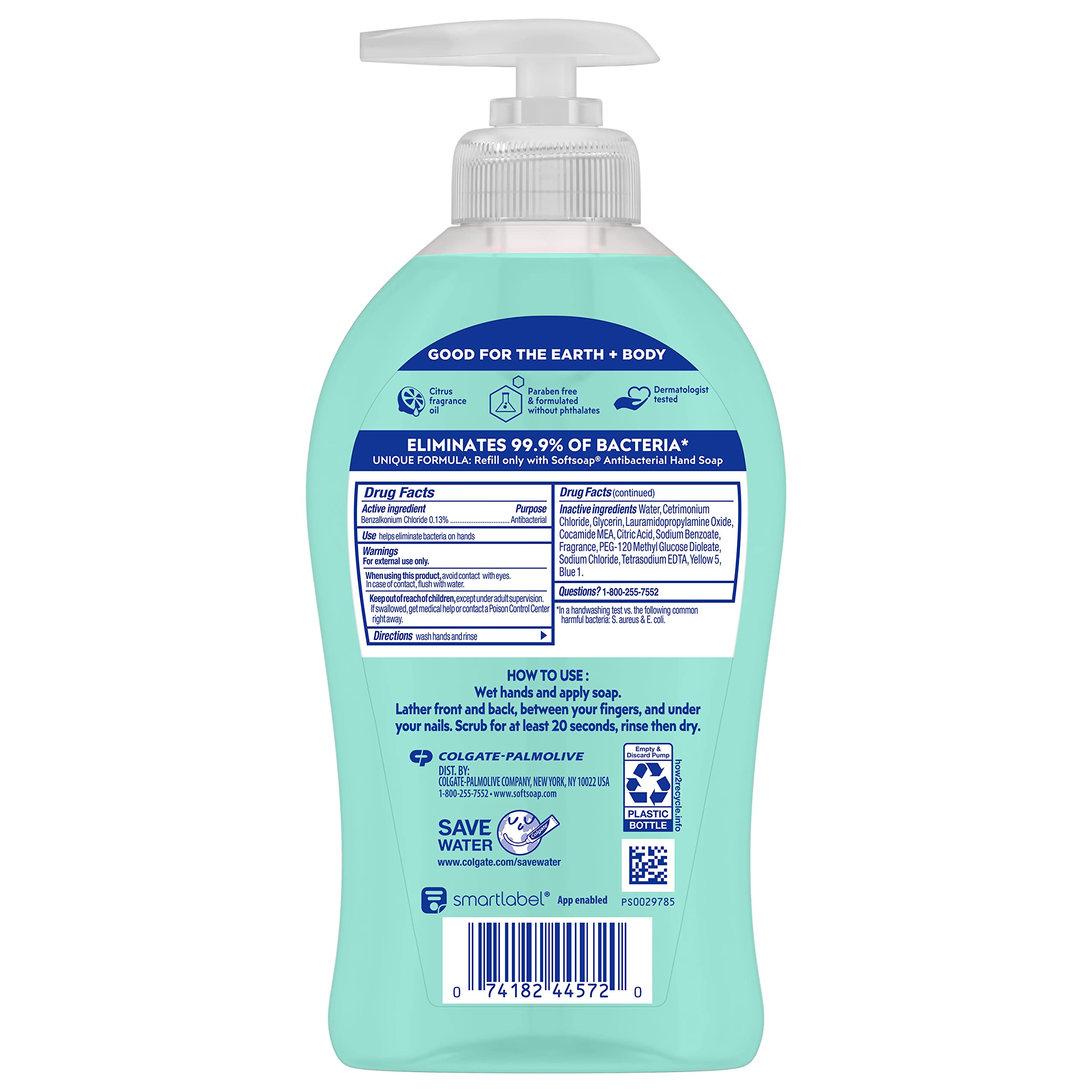 Softsoap probado dermatológicamente suave, etiqueta de cuidado de la piel.