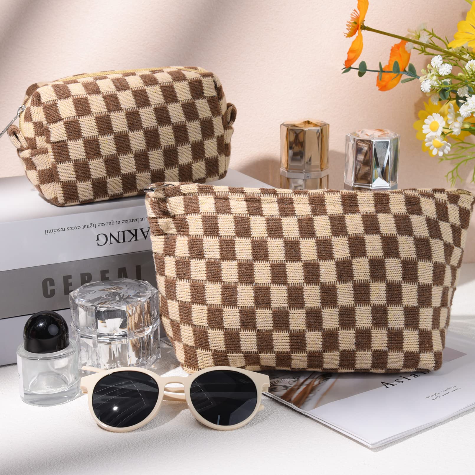 SOIDRAM brown checkered makeup bag, travel-ready and easy to reach in a purse or suitcase.