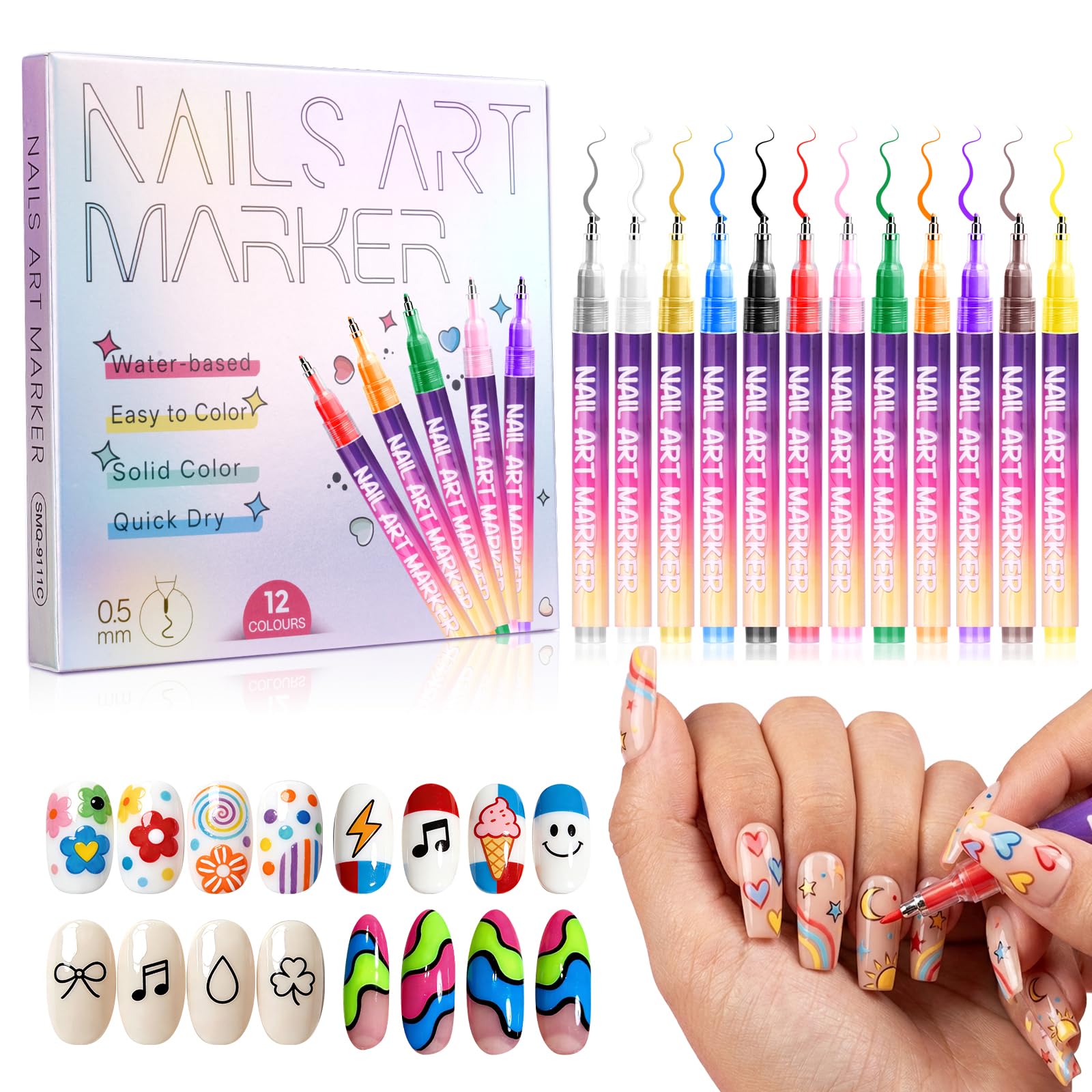 Sokfone set de bolígrafos para uñas con colores vibrantes para trazos finos y precisos.