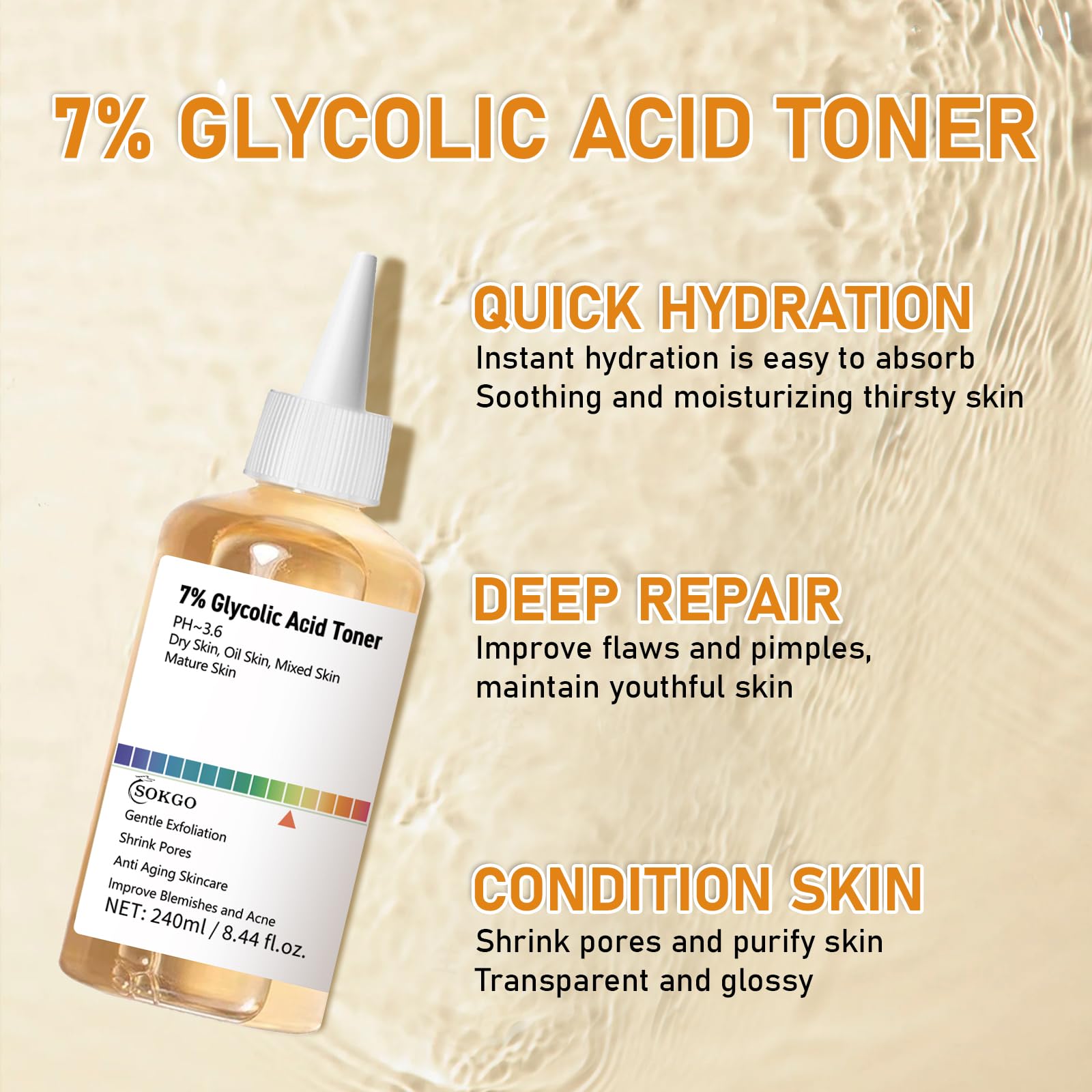 Sokgo 7% Glycolic Toner hydration drops convey moisturized, refreshed skin