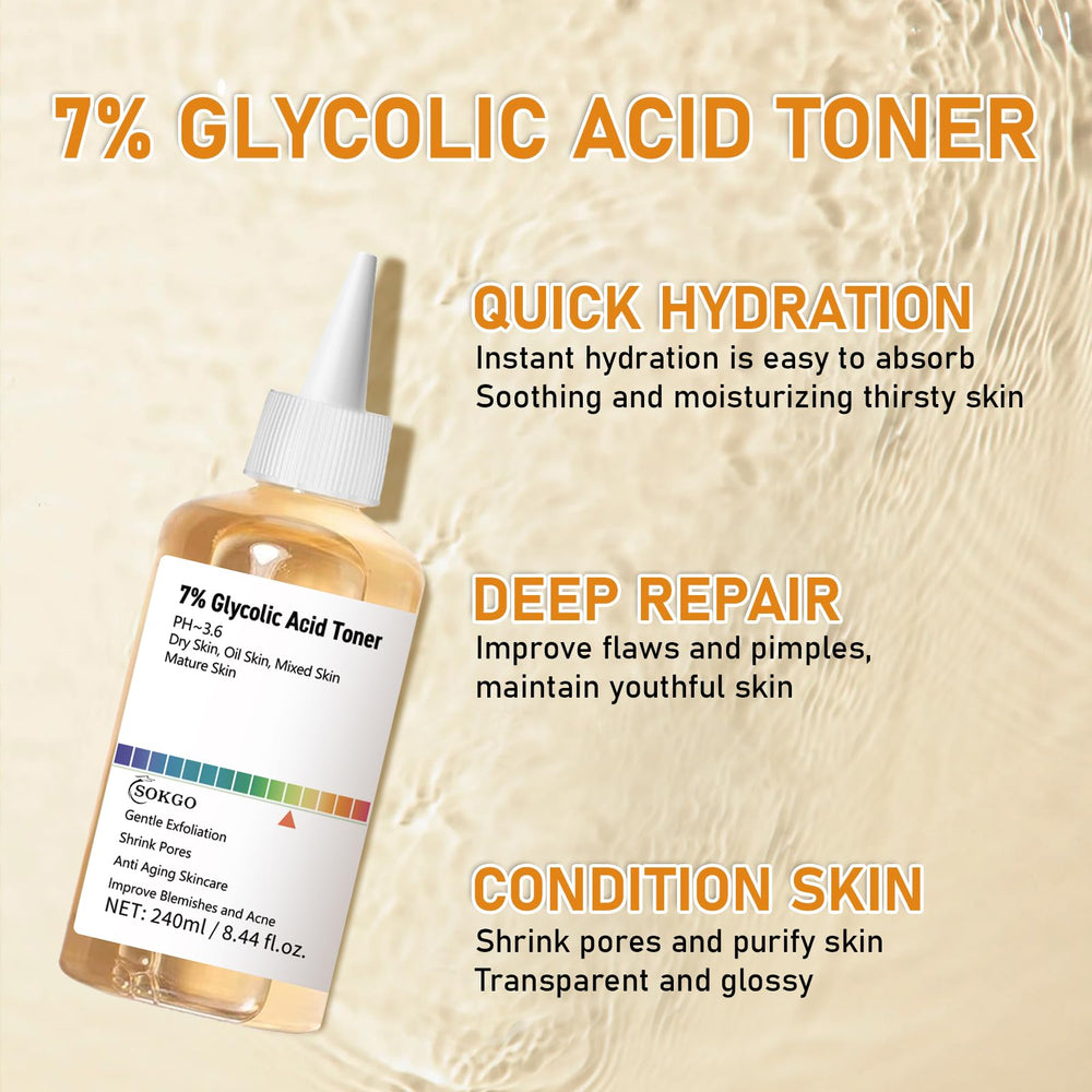Sokgo 7% Glycolic Toner hydration drops convey moisturized, refreshed skin