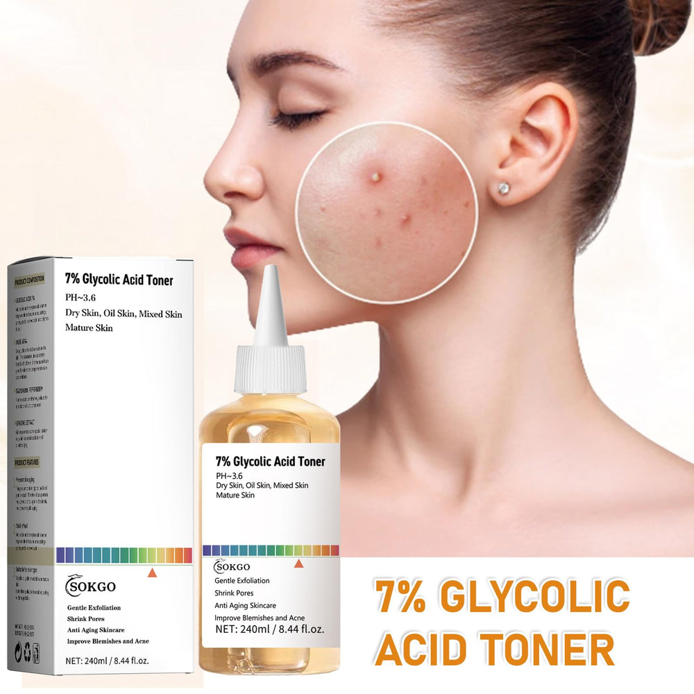 Sokgo 7% Glycolic Toner pore minimizer closeup suggests refined pores and smoother skin