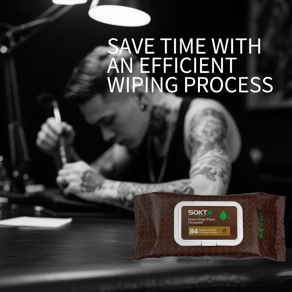 Close-up of single-wipe dispensing for quick tattoo session cleans