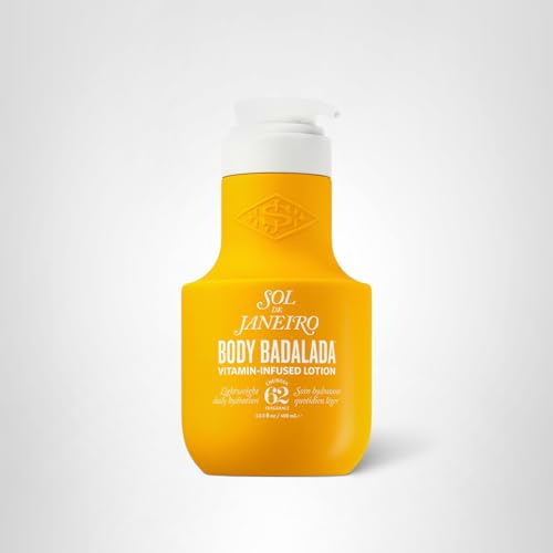 Lifestyle scene with Sol de Janeiro vanilla lotion on a bathroom shelf.
