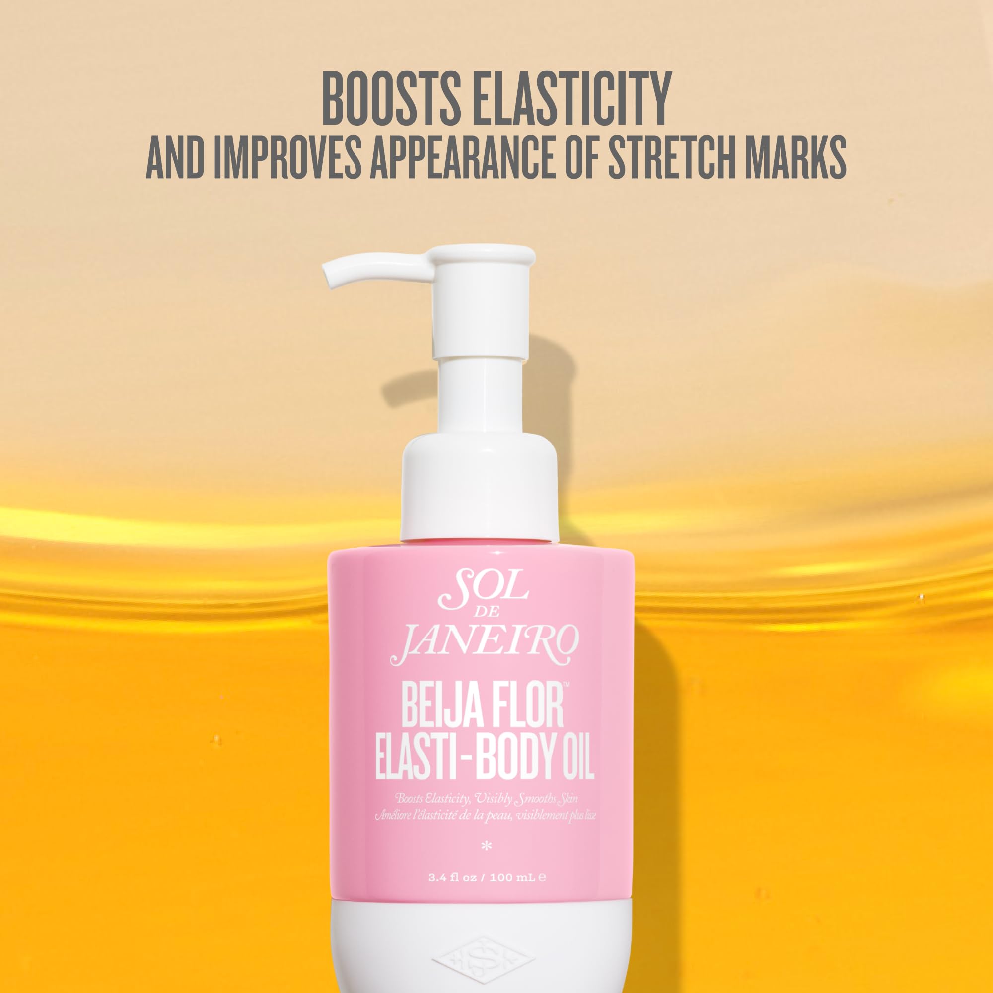 Sol de Janeiro Beija Flor Elasti-Body Oil texture close-up highlights silky absorption