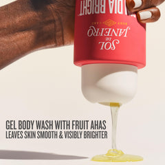 Bom Dia Bright Body Wash gel-to-foam transition shown in bottle.