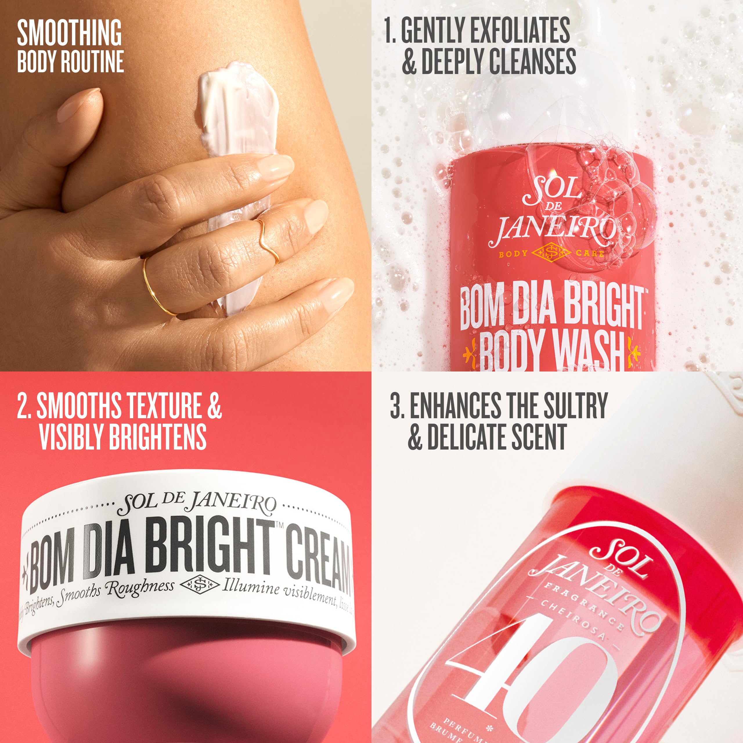 Dispenser bottle of Bom Dia Bright Body Wash for easy use in shower.