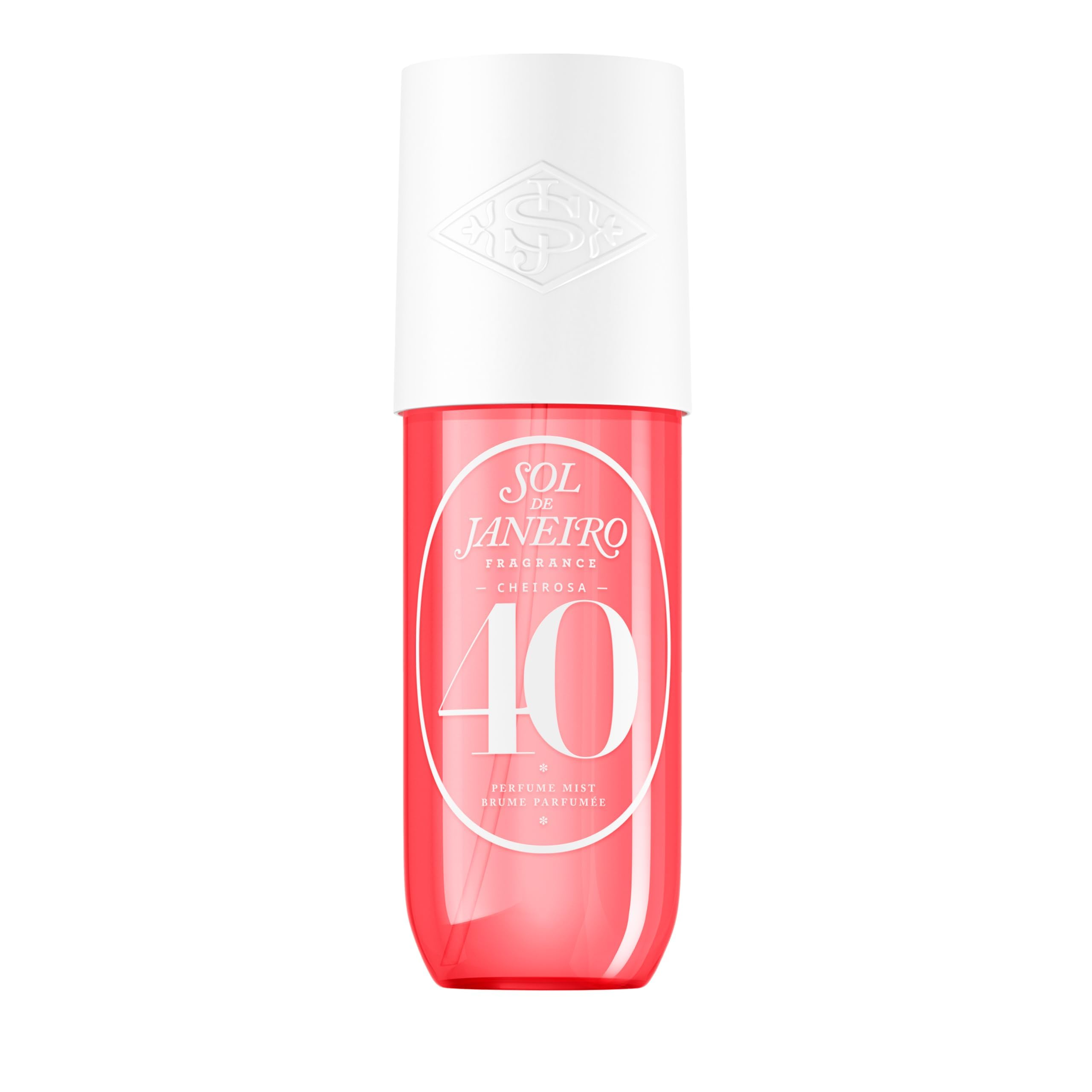 Sol de Janeiro Cheirosa 40 mist bottle close-up with silky vanilla-amber plum notes.