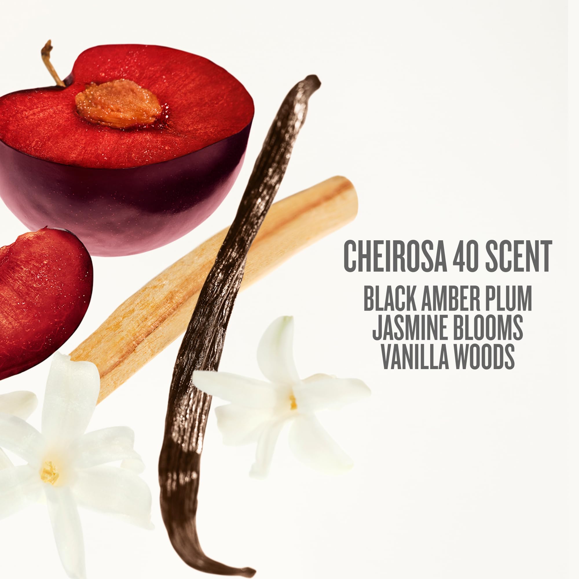 Cheirosa 40 vanilla-amber-plum note highlighted on bottle close view.