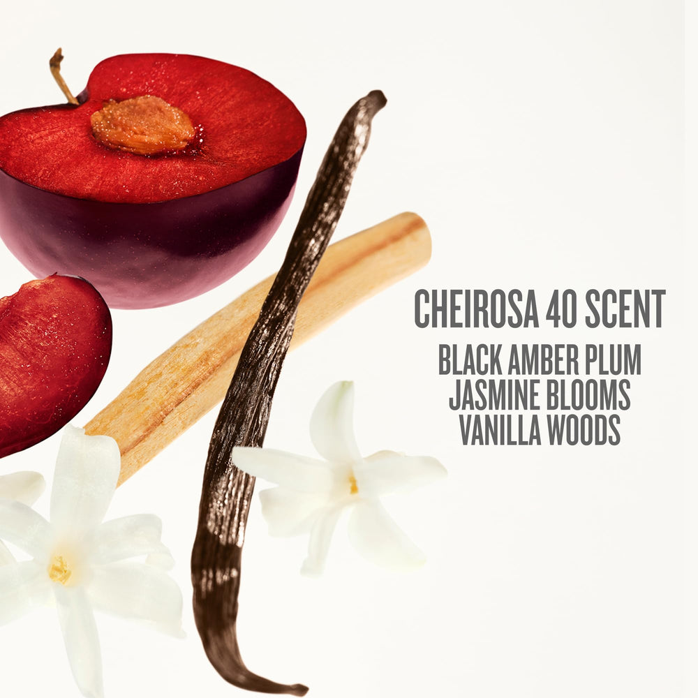 Cheirosa 40 vanilla-amber-plum note highlighted on bottle close view.