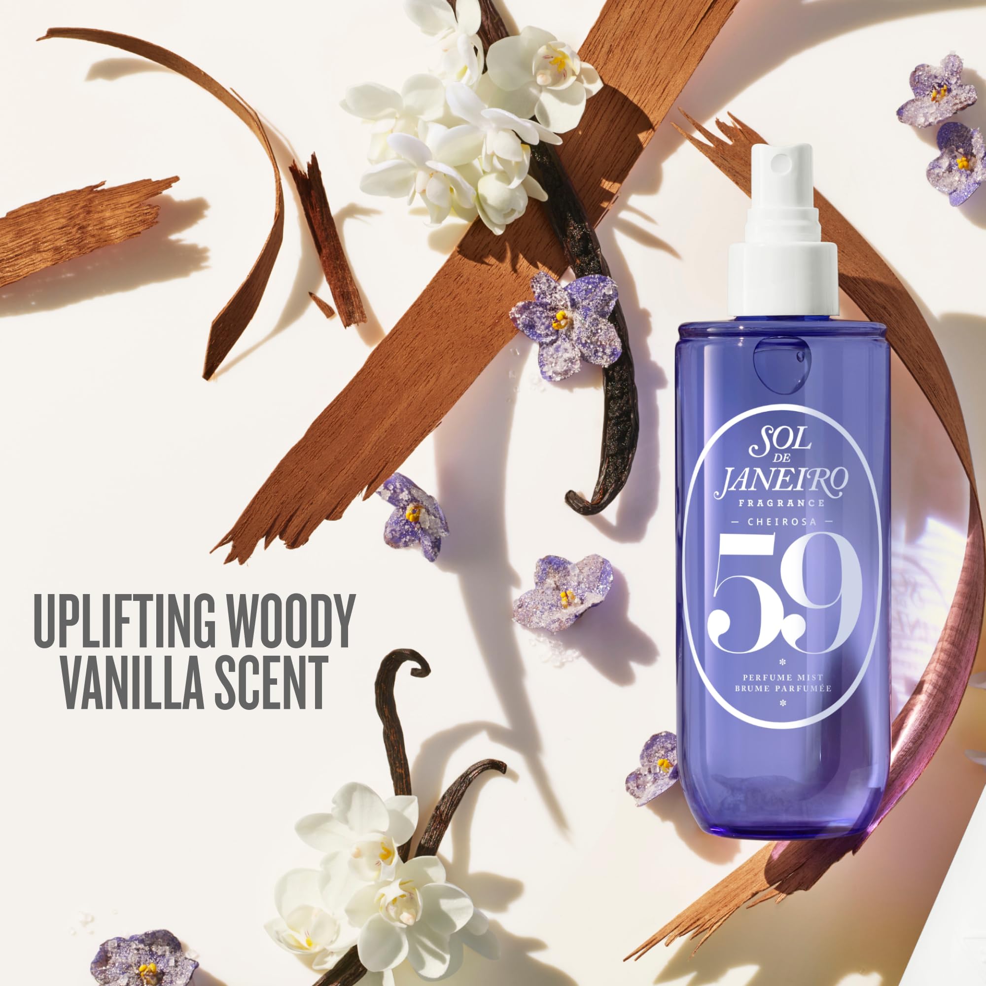 Sol de Janeiro Cheirosa 59 label closeup highlighting vanilla orchid and violet notes.