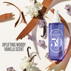 Sol de Janeiro Cheirosa 59 label closeup highlighting vanilla orchid and violet notes.