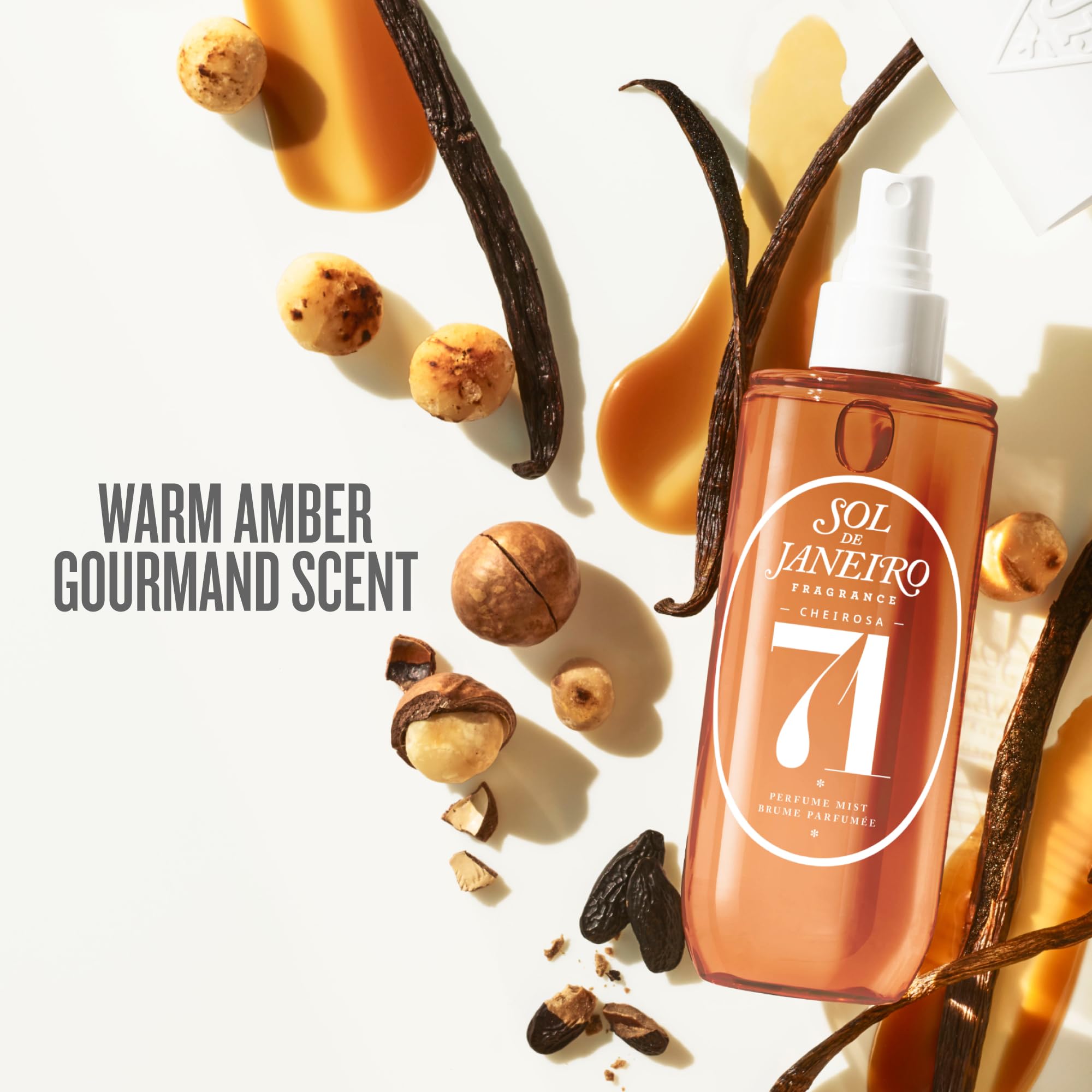 Sol de Janeiro Cheirosa '71 spray captures toasted macadamia aroma for quick refresh.