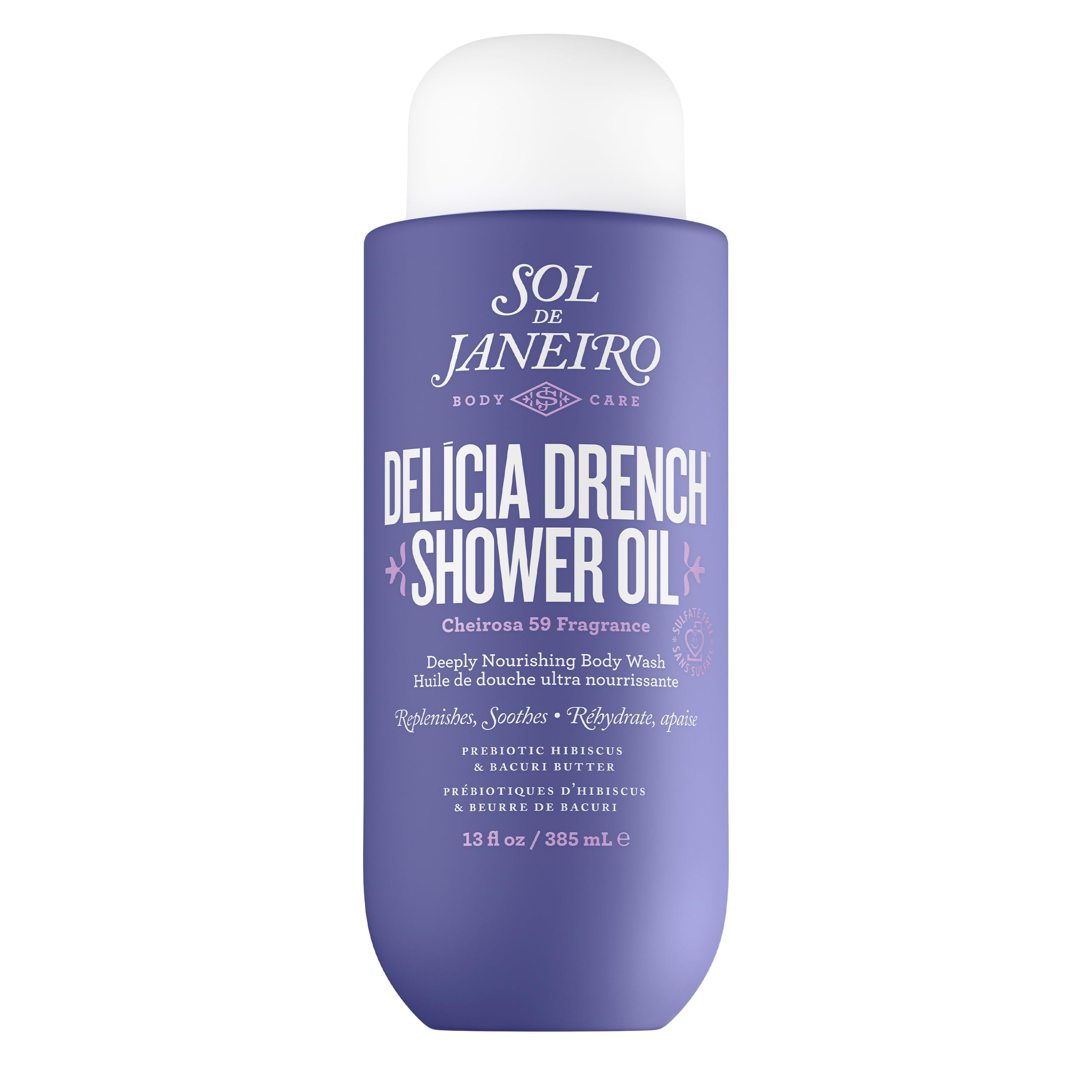 Sol de Janeiro Delícia Drench Shower Oil bottle pouring for hydrating oil-to-foam cleanse