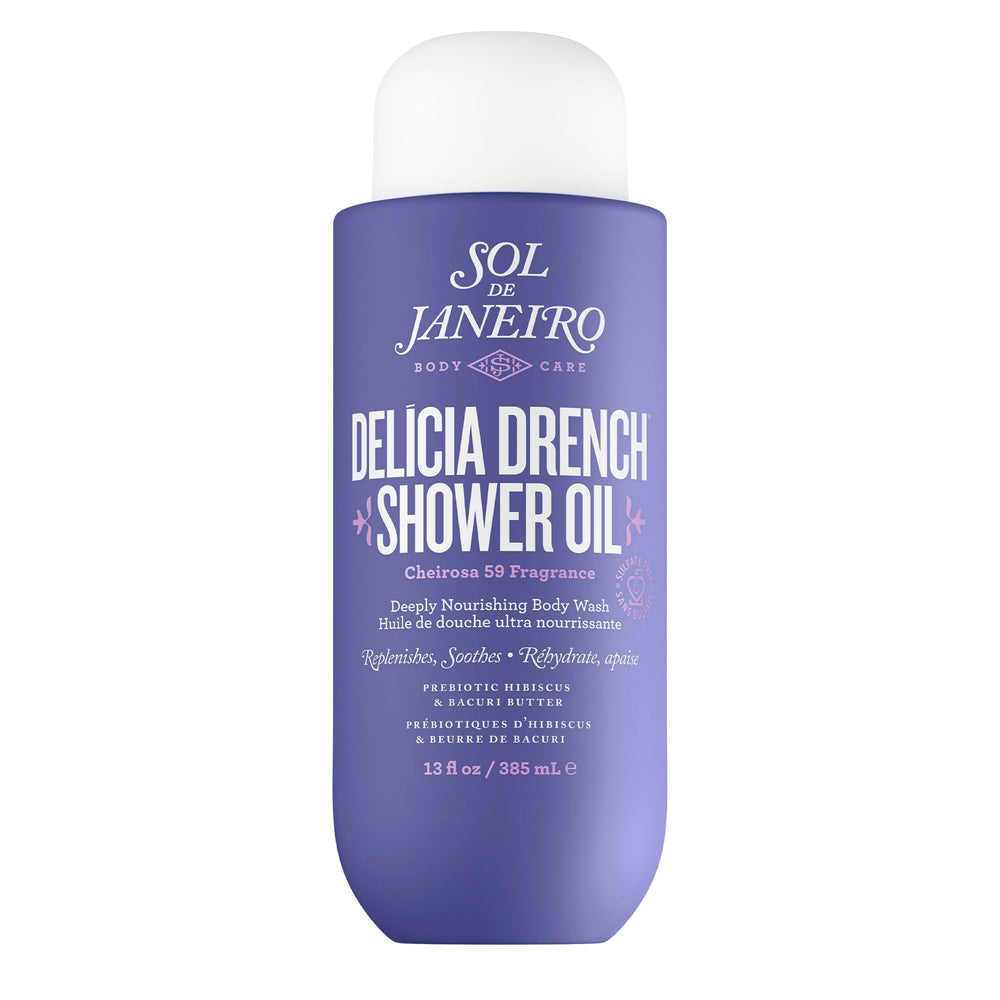 Sol de Janeiro Delícia Drench Shower Oil bottle pouring for hydrating oil-to-foam cleanse