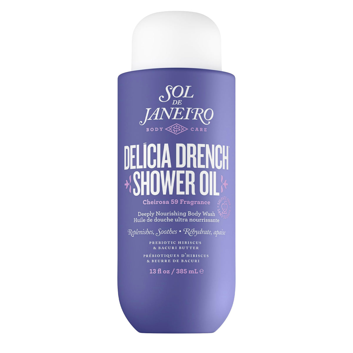 Sol de Janeiro Delícia Drench Shower Oil bottle pouring for hydrating oil-to-foam cleanse