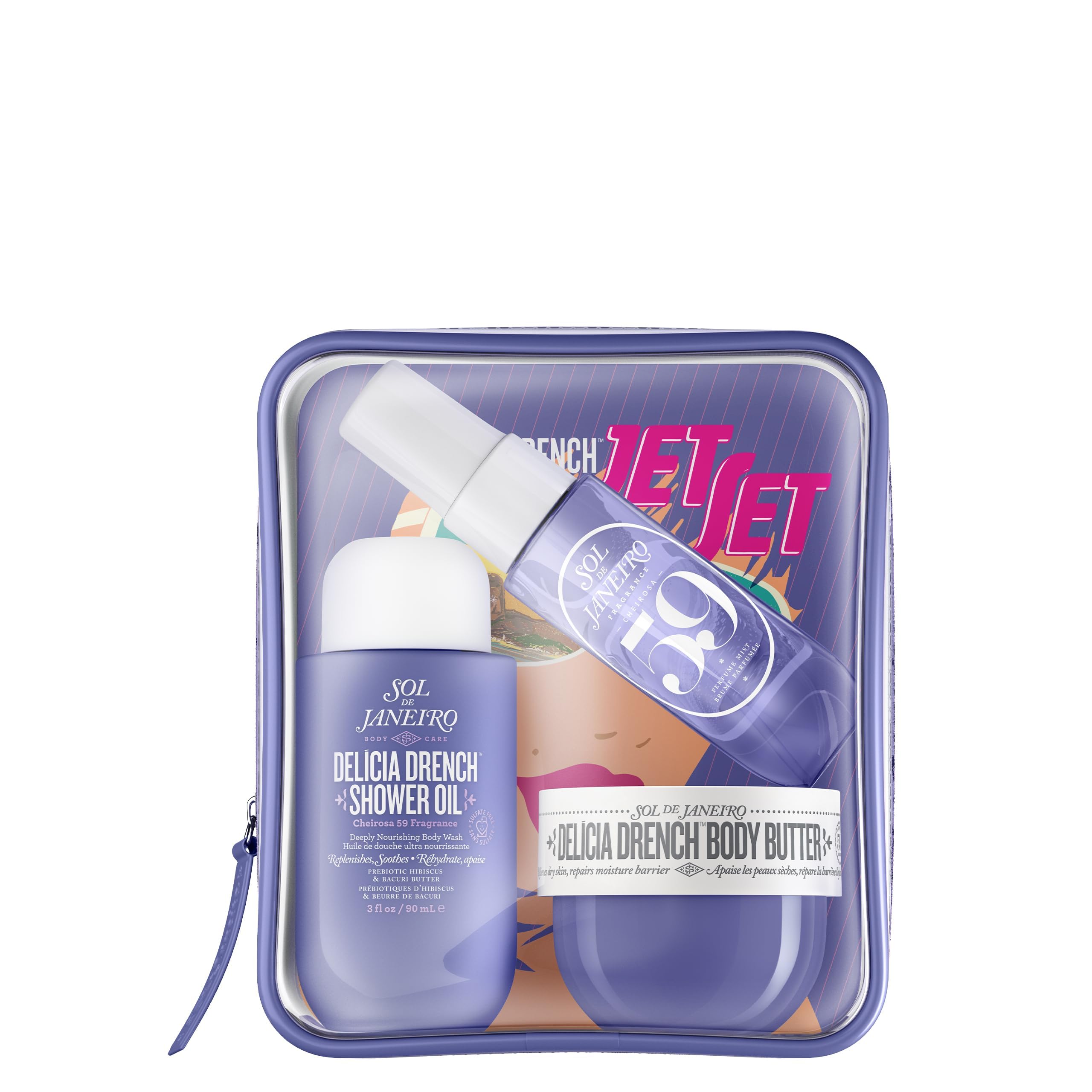 Sol de Janeiro Delícia Drench Shower Oil bottle shows on-the-go hydration and cleansing benefits.