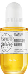 Sol de Janeiro glossy nourishing hair oil bottle showing frizz control and shine benefit