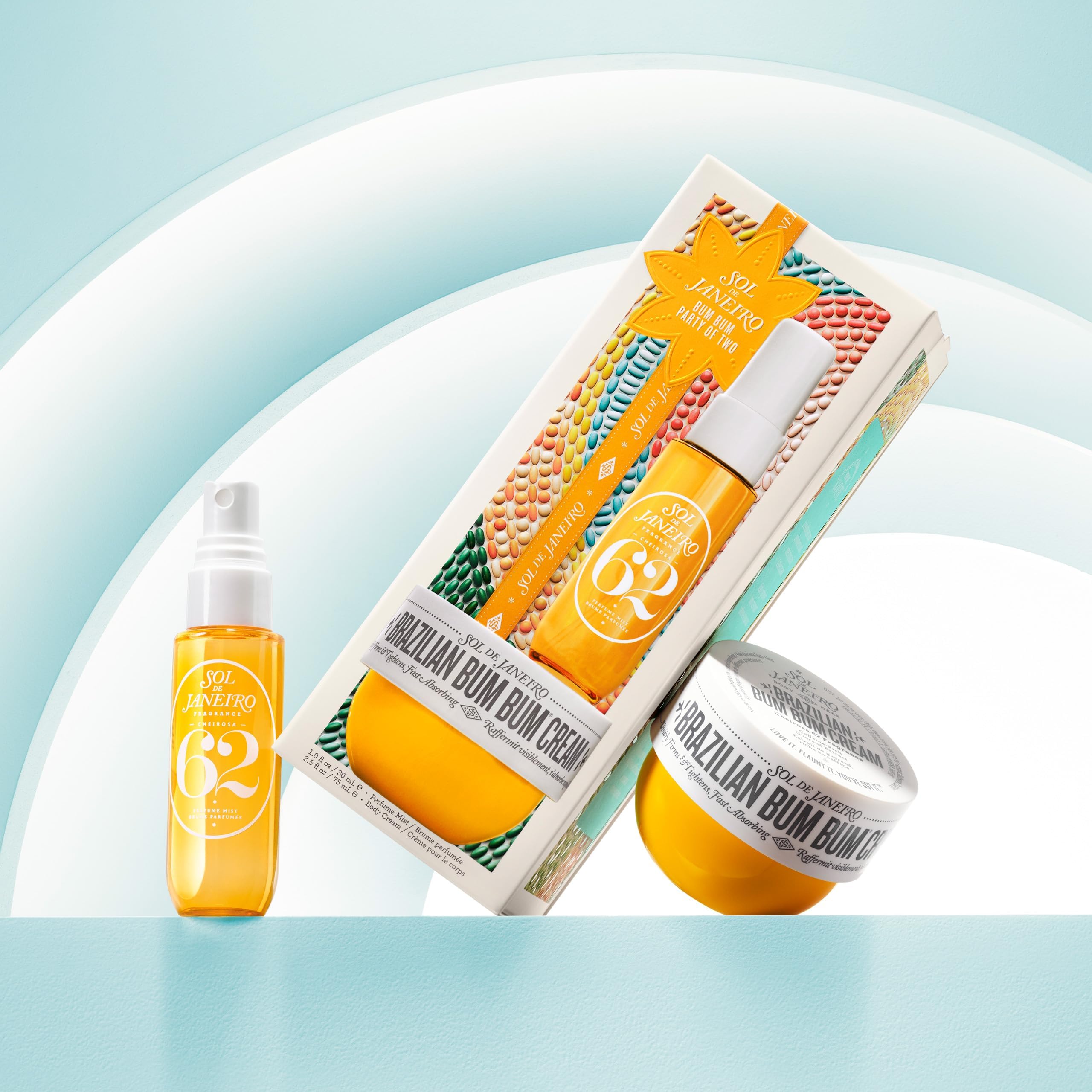 Sol de Janeiro party of two gift set box showcases a festive, compact beauty duo.
