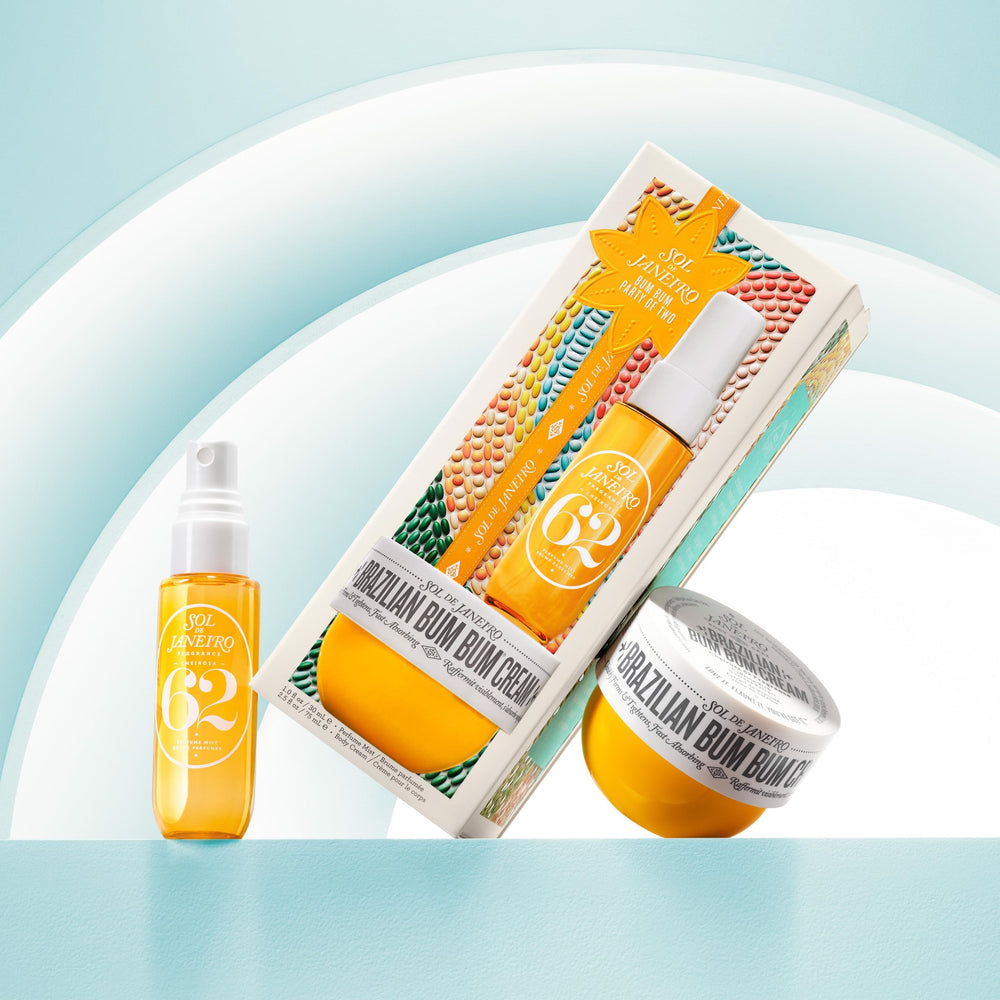 Sol de Janeiro party of two gift set box showcases a festive, compact beauty duo.