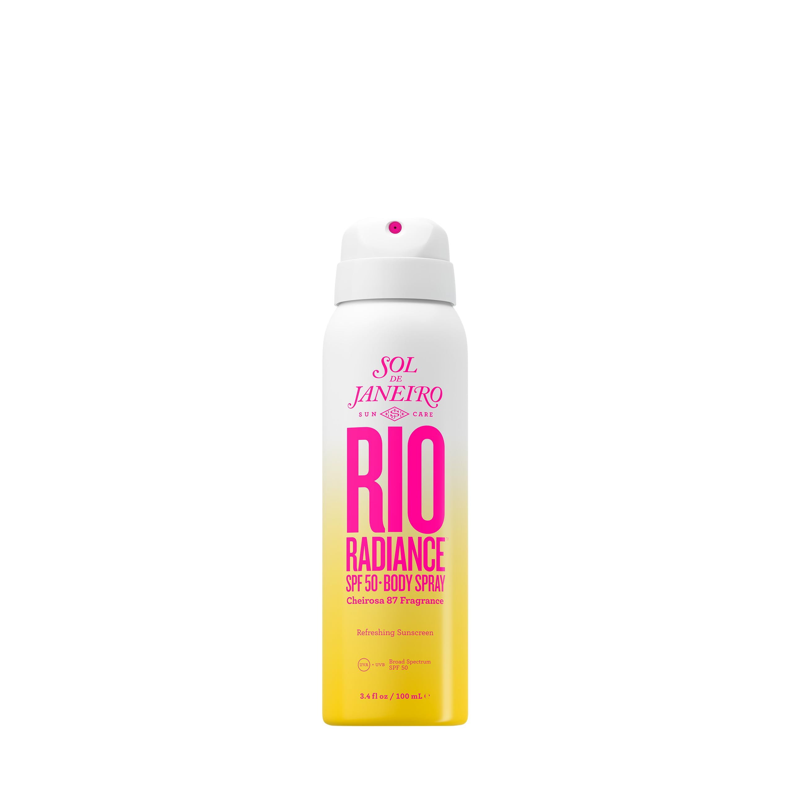 Sol de Janeiro Rio Radiance SPF50, envase en spray para protección rápida y uniforme.
