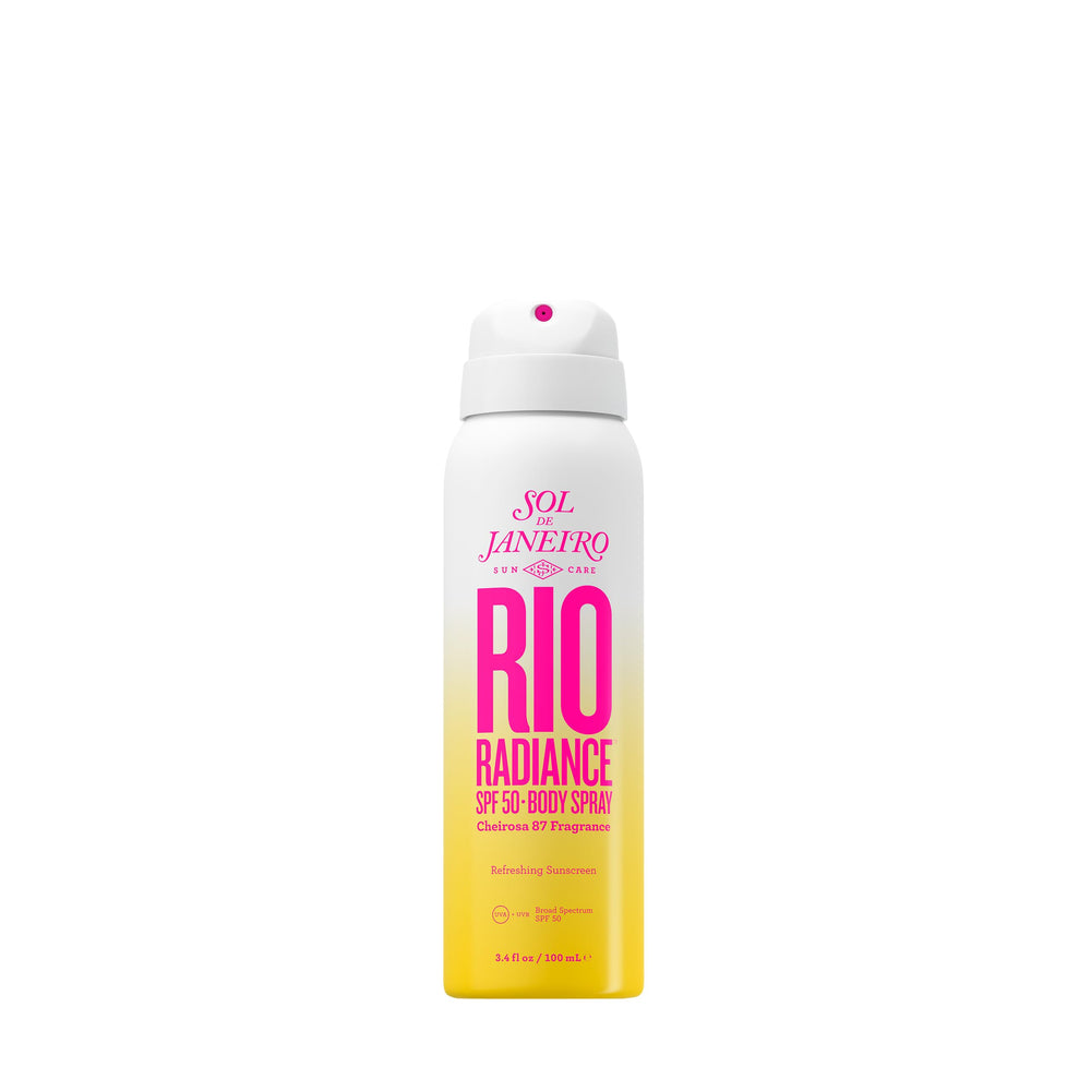 Sol de Janeiro Rio Radiance SPF50, envase en spray para protección rápida y uniforme.