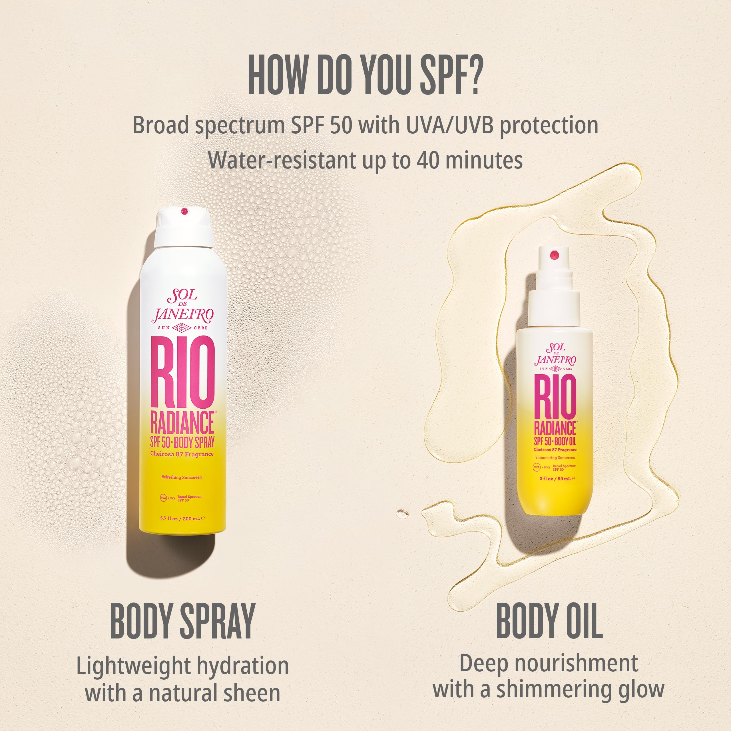 Sol de Janeiro Rio Radiance SPF50, escena de playa con brillo natural.
