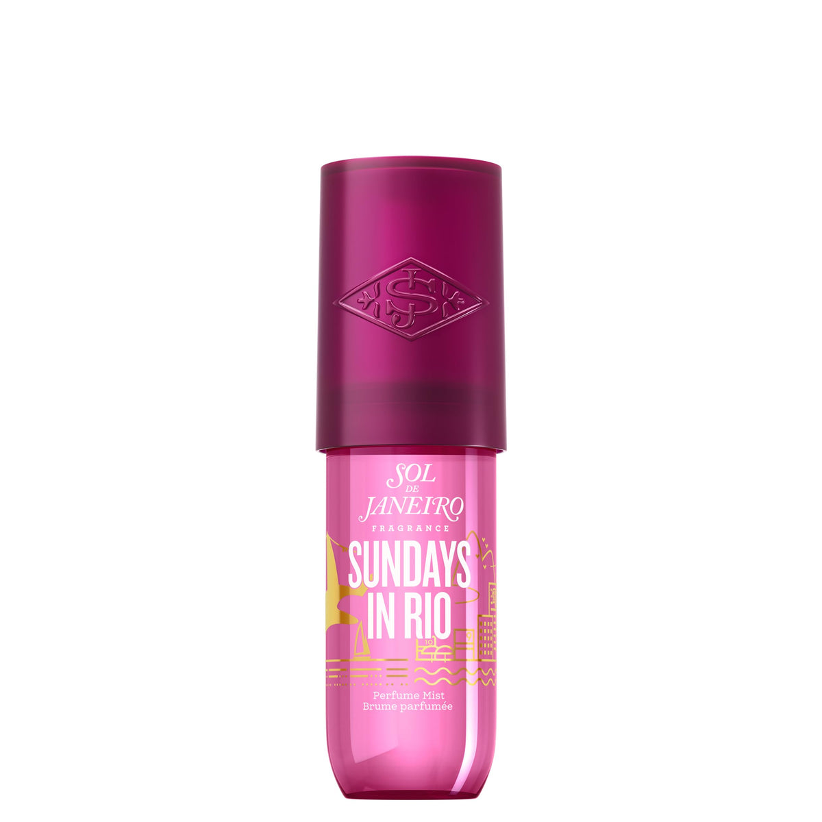 Sol de Janeiro Sundays in Rio bottle close-up, showcasing pink pepper and vanilla aroma for daily wear.