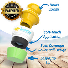 Solar Buddies aplicador solar verde con tapa, almacenamiento seguro.