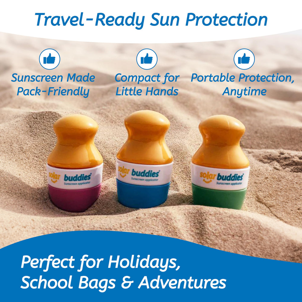 Solar Buddies aplicador solar verde para viajar, cabe en la maleta.