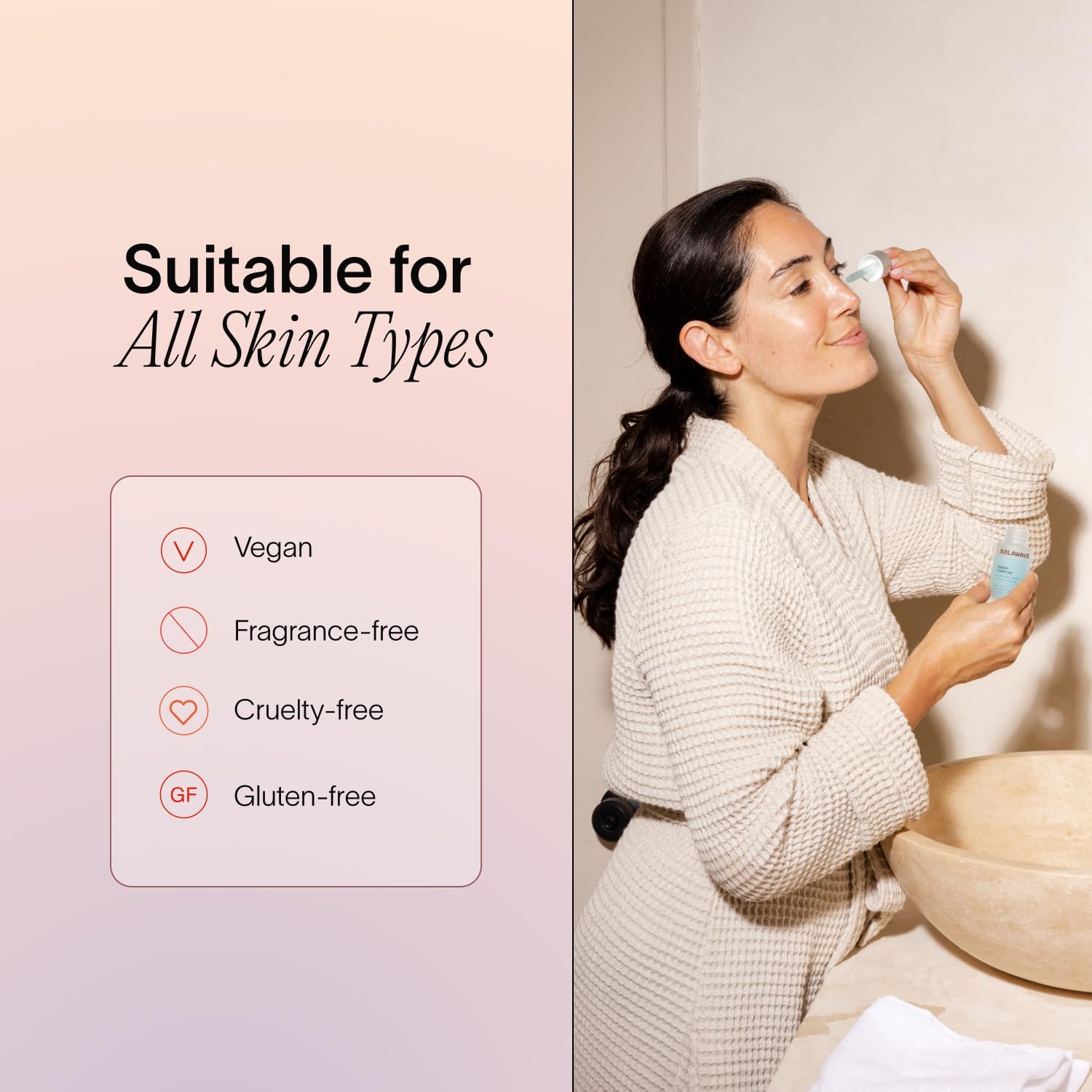 Elegant Solawave Renew Complex packaging emphasizes vegan, cruelty-free formula.