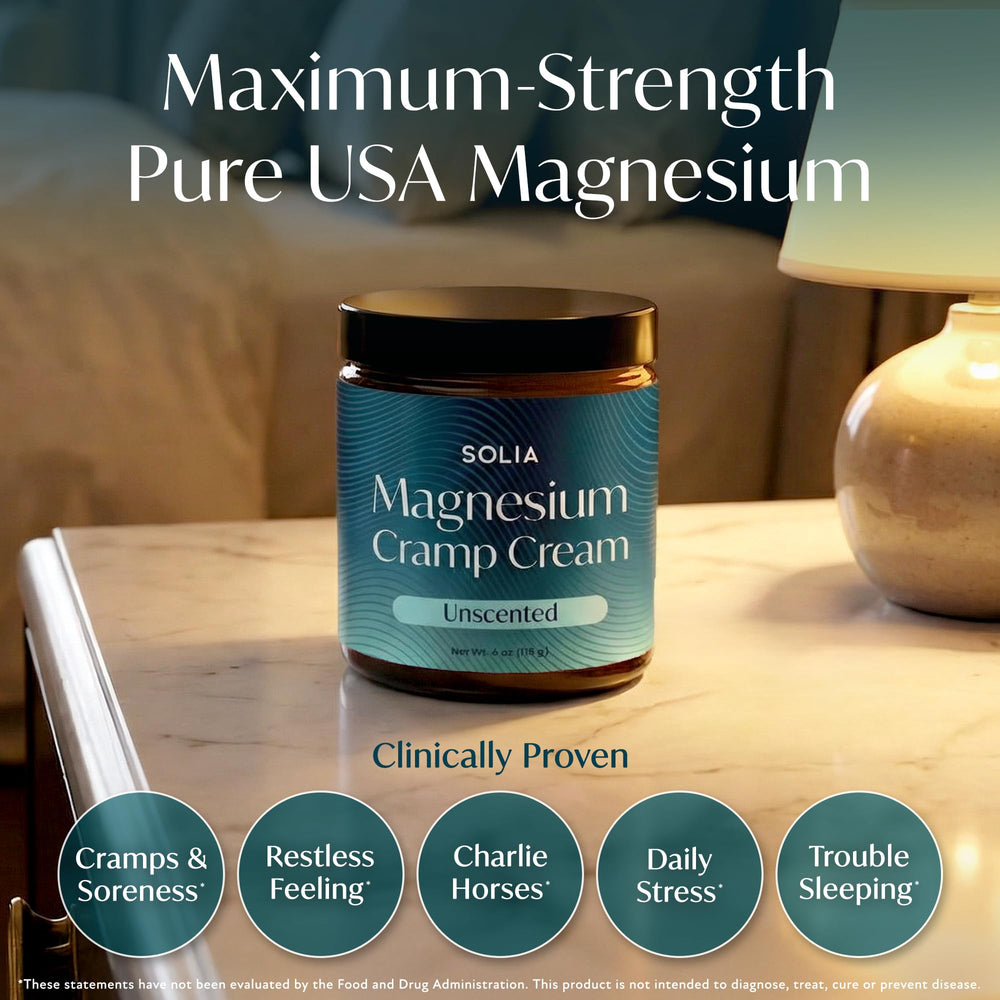 Solia crema de magnesio para pies, alivia molestias y favorece la relajación nocturna.