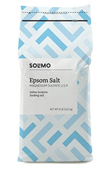 Amazon Brand Solimo Epsom Salt Soak bath image, highlights relaxation and gentle muscle relief