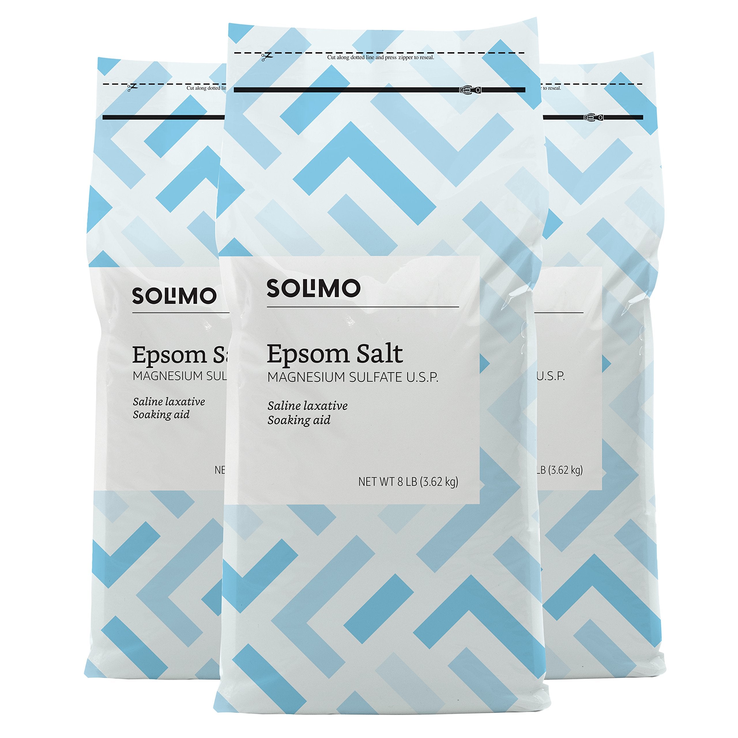 Amazon Brand Solimo Epsom Salt Soak three bags on packaging, ideal for relaxing baths