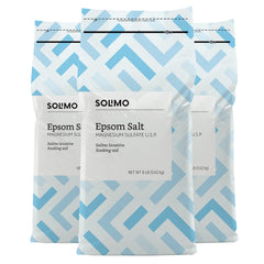 Amazon Brand Solimo Epsom Salt Soak three bags on packaging, ideal for relaxing baths