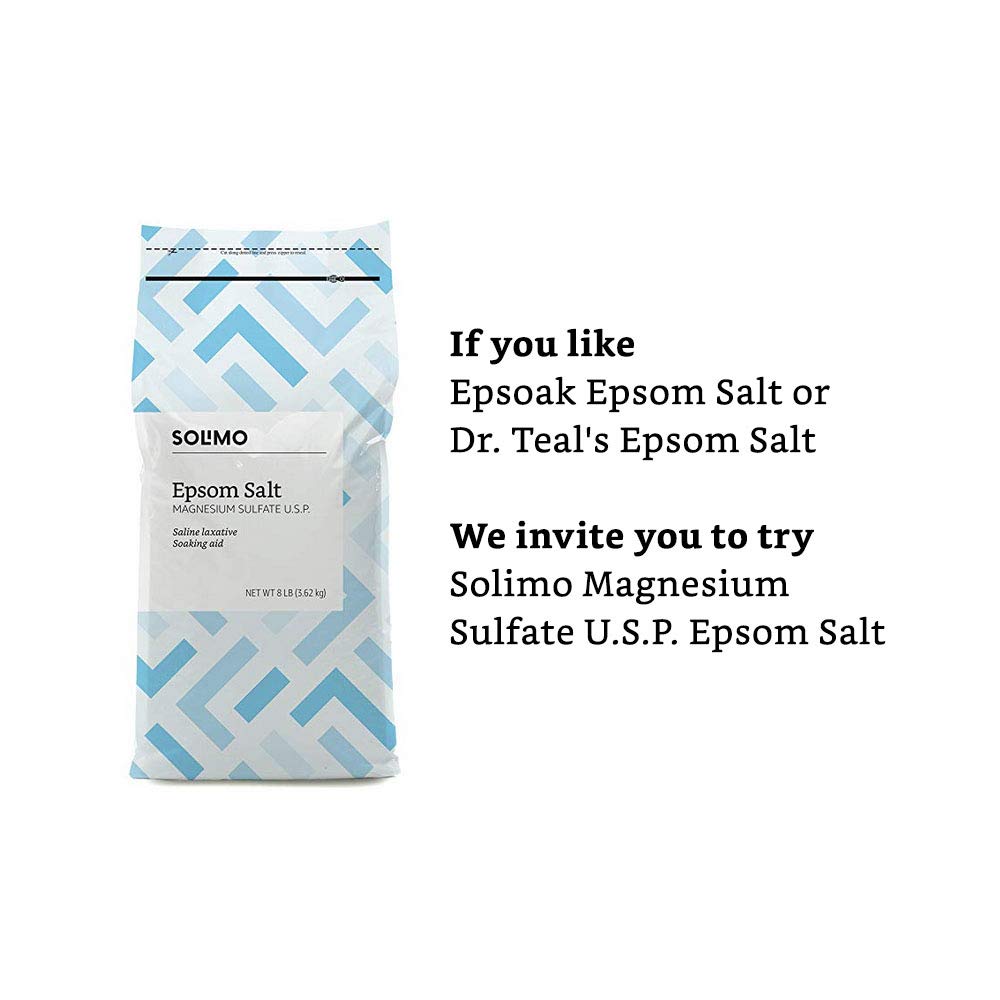 Amazon Brand Solimo Epsom Salt Soak label close-up highlights directions and USP listing