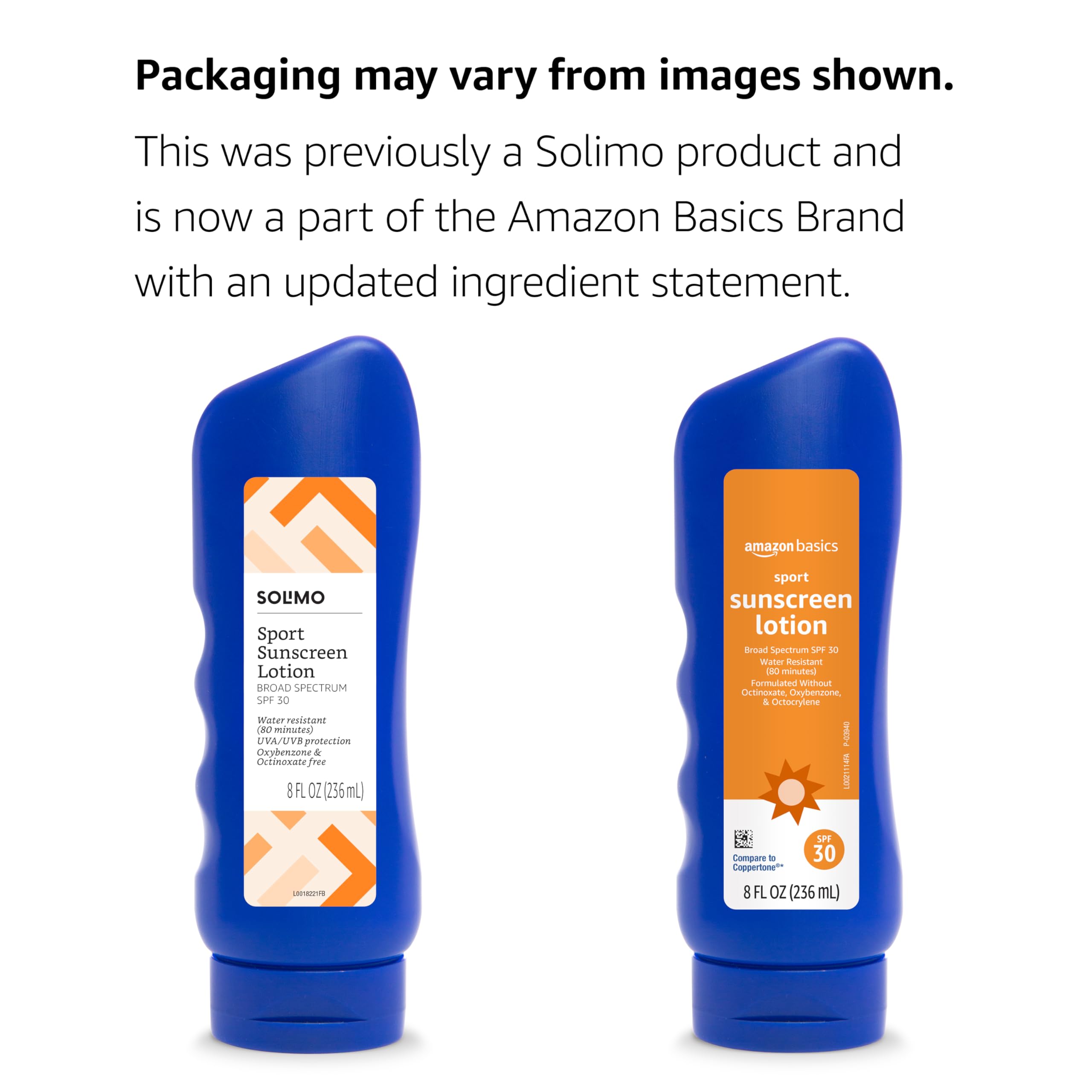 Solimo sunscreen label close-up highlighting octinoxate and oxybenzone-free formula.