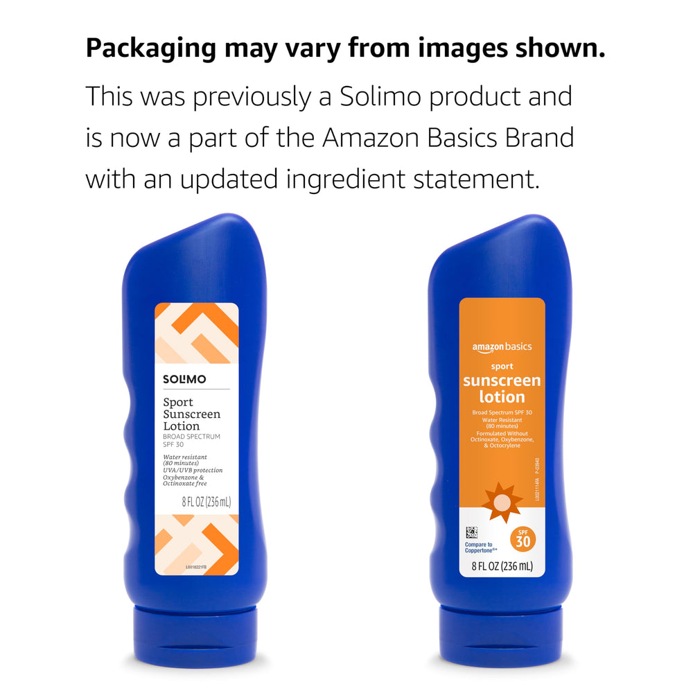 Solimo sunscreen label close-up highlighting octinoxate and oxybenzone-free formula.