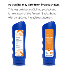 Solimo sunscreen label close-up highlighting octinoxate and oxybenzone-free formula.