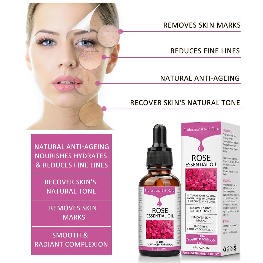 SOLOTREE aceite de rosa aplicado en rostro, cuello y cuerpo.