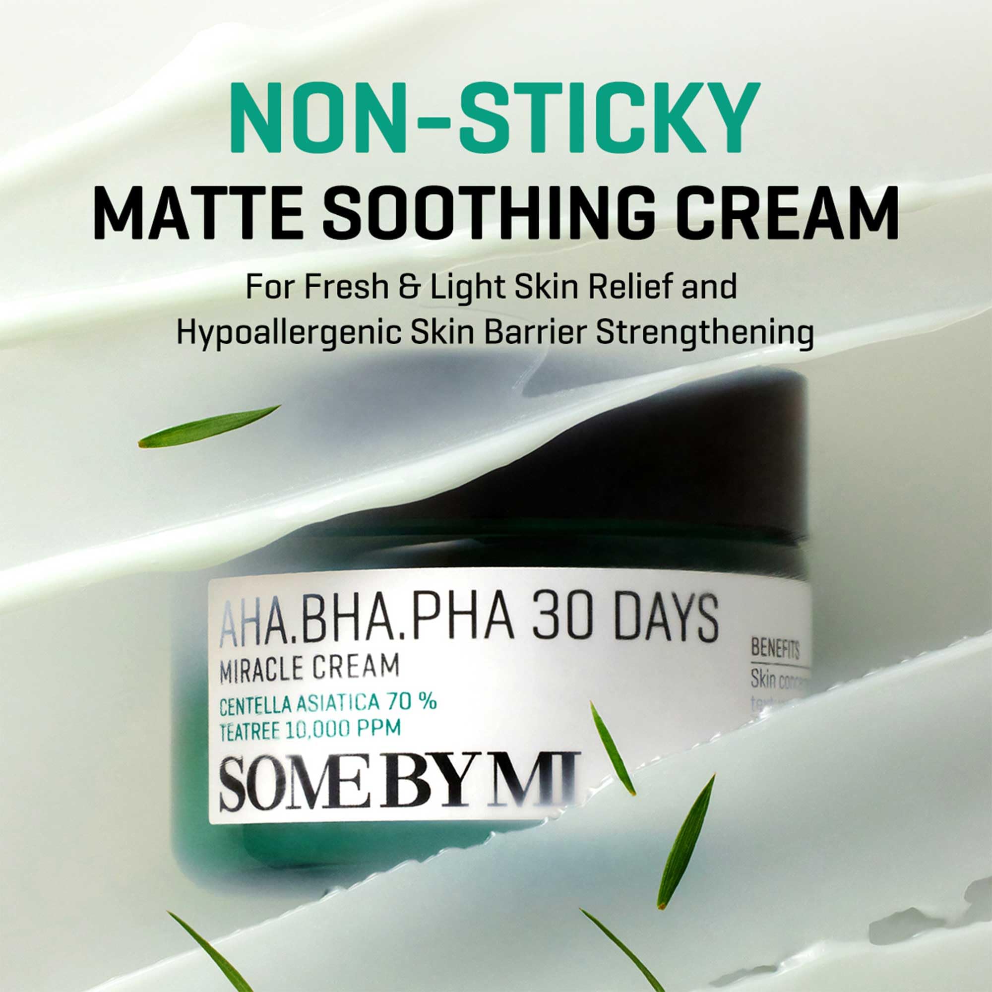 SOME BY MI AHA BHA PHA 30 Days Miracle Cream bottle close-up highlighting soothing, lightweight texture.
