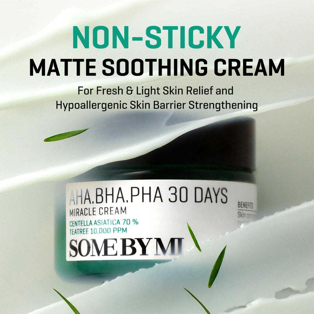 SOME BY MI AHA BHA PHA 30 Days Miracle Cream bottle close-up highlighting soothing, lightweight texture.