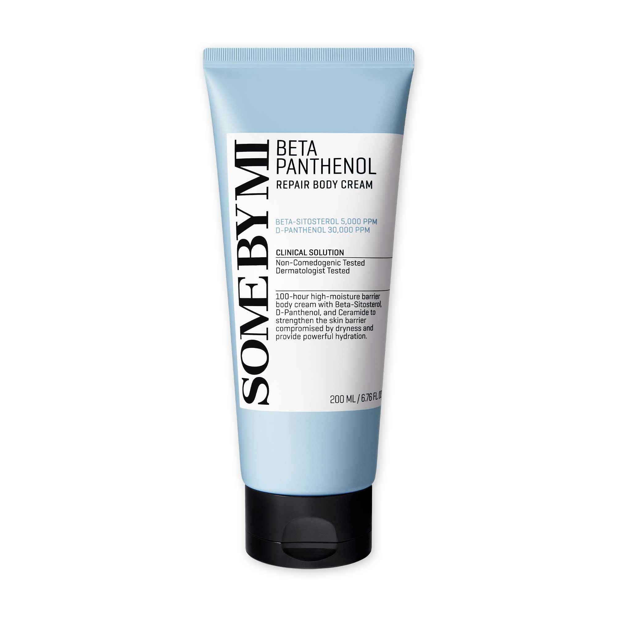 SOME BY MI Beta-Pantenol Repair Body Cream, botella; hidratación duradera para piel sensible.
