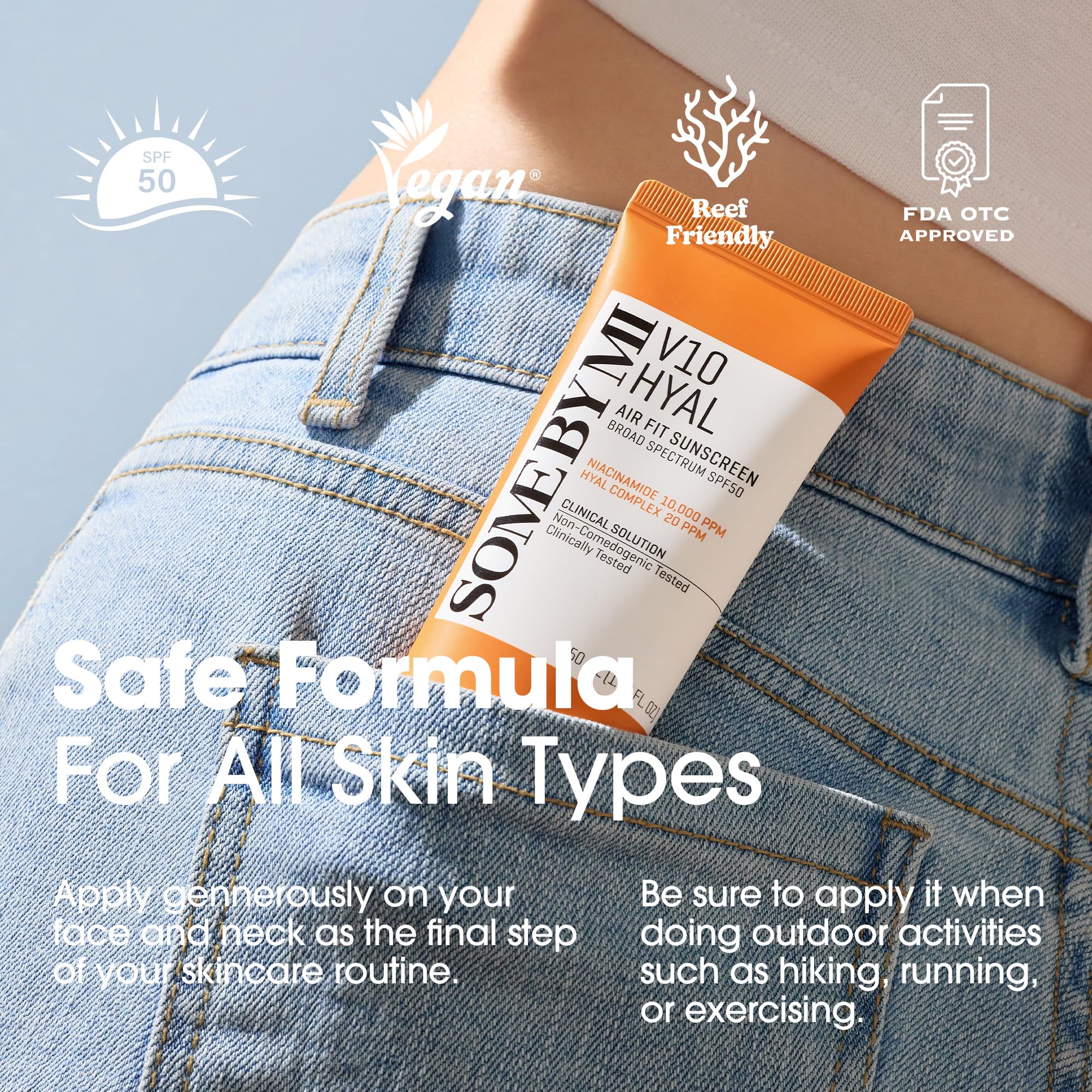 SOME BY MI V10 Hyal Air Fit Sunscreen contiene Centella para cuidado de la piel.