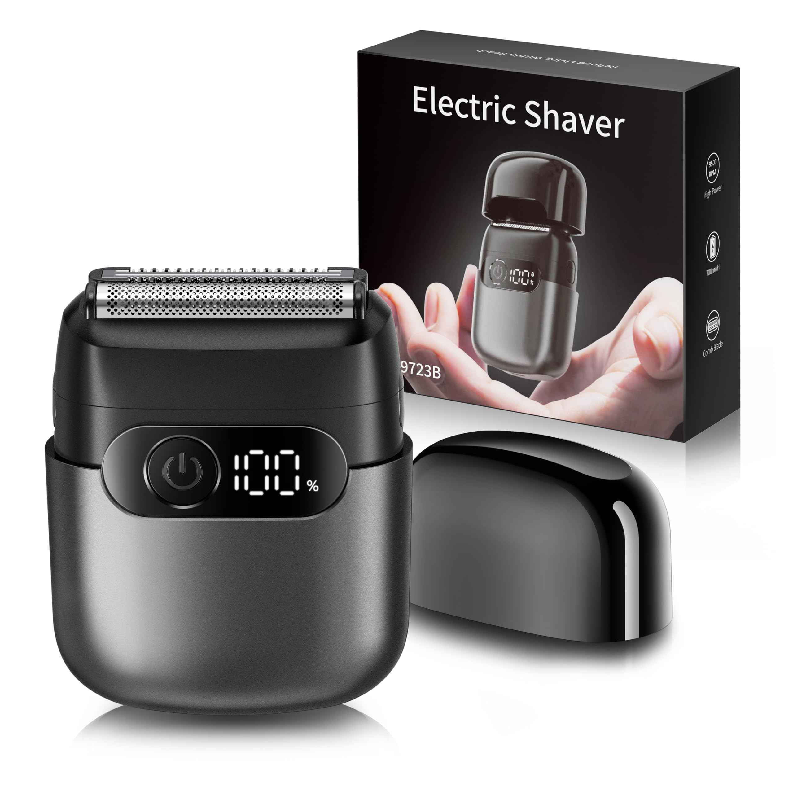 Sonatraxs electric razor in charcoal black, ultra-compact design for travel