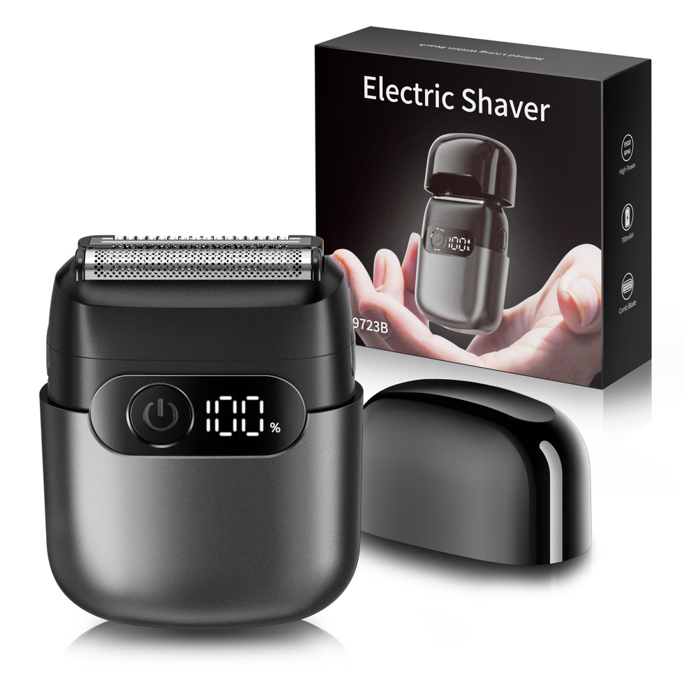 Sonatraxs electric razor in charcoal black, ultra-compact design for travel