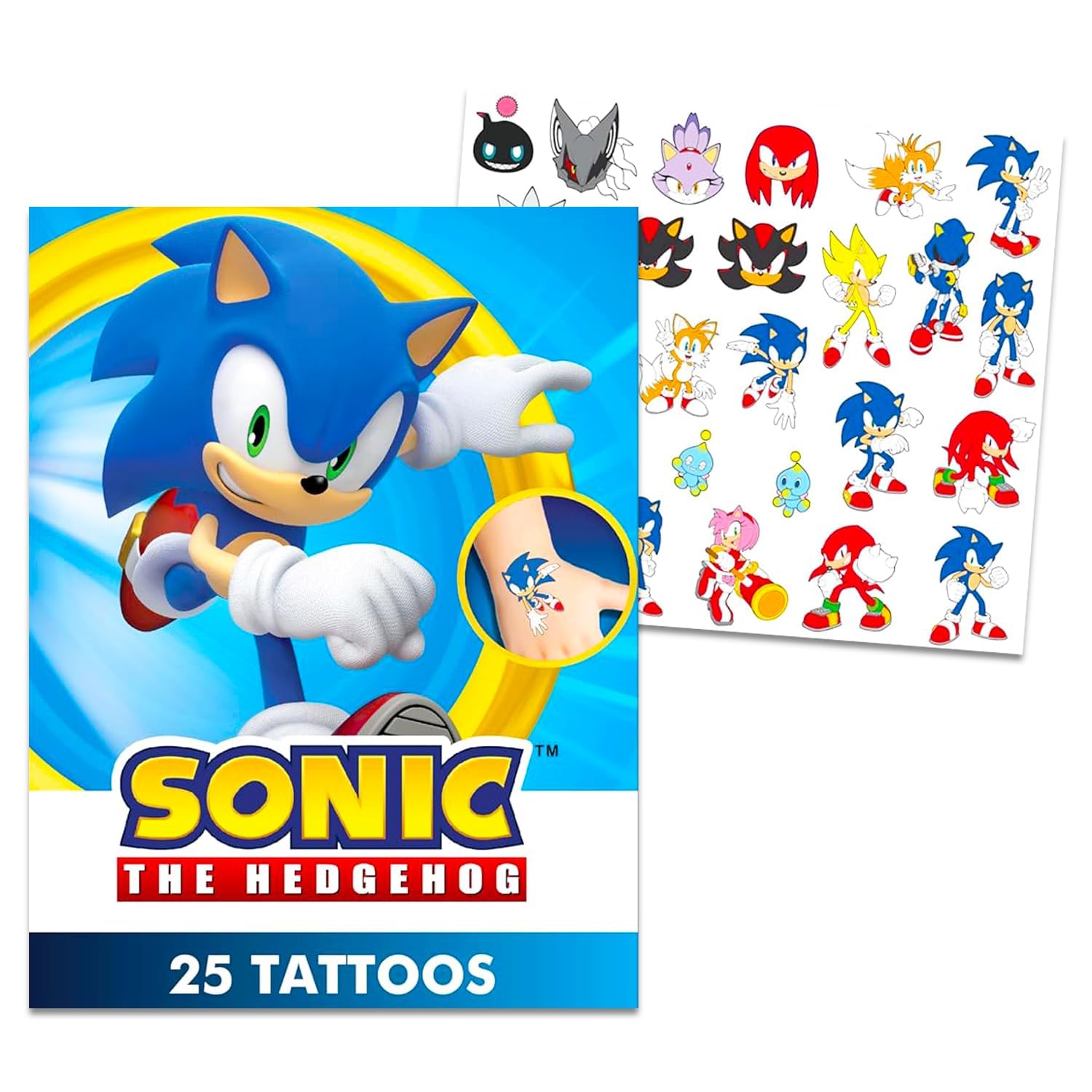 Sonic character tattoo designs show Sonic, Amy Rose, Knuckles for kids and guests